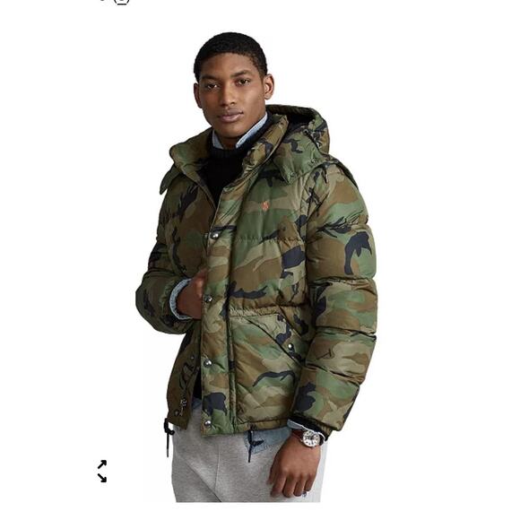 Polo by Ralph Lauren Other - Polo Ralph Lauren Camo Down Fill Puffer Hood Detaches Orange Pony Large NEW